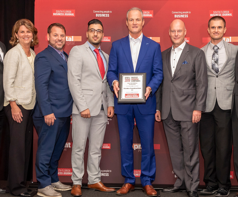 Verdex Construction Award - South Florida Business Journal Fastest Growing Company 2019